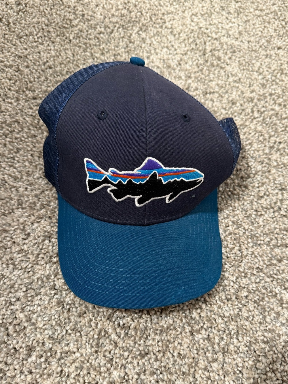 Patagonia Navy and Teal Trout Patch Trucker Hat